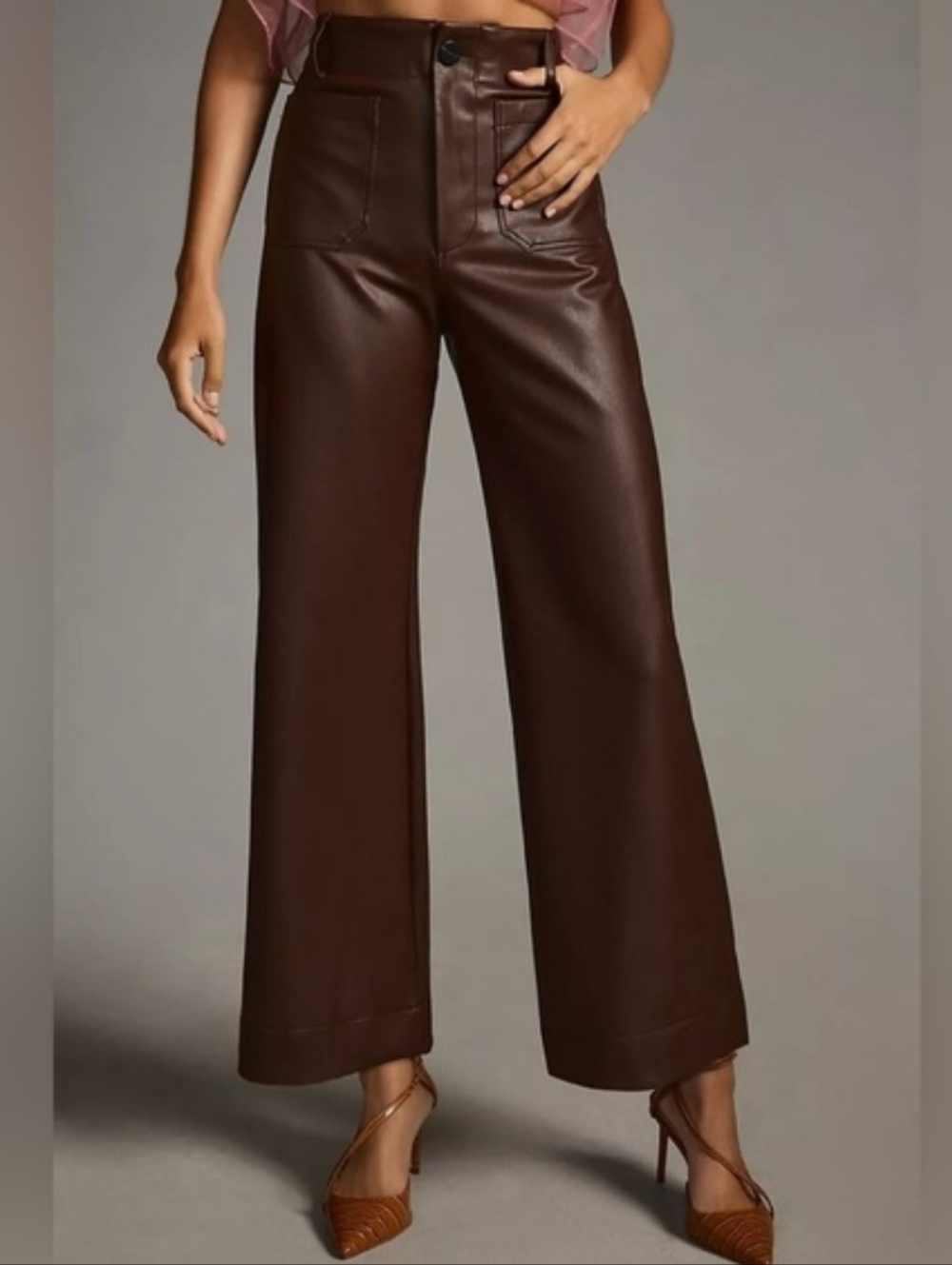 Anthropologie Maeve The Colette Cropped Wide-Leg Pants In Brown Faux Leather